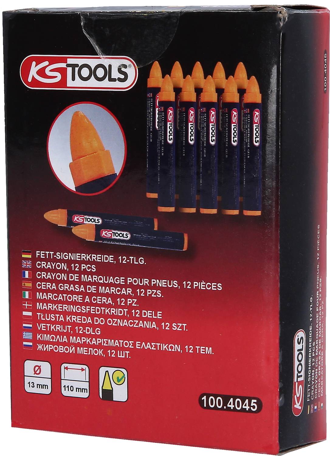 'KS Tools Craie de signalisation grasse, lot de 12' Emballage avec illustration de 12 craies jaunes sur fond bleu.