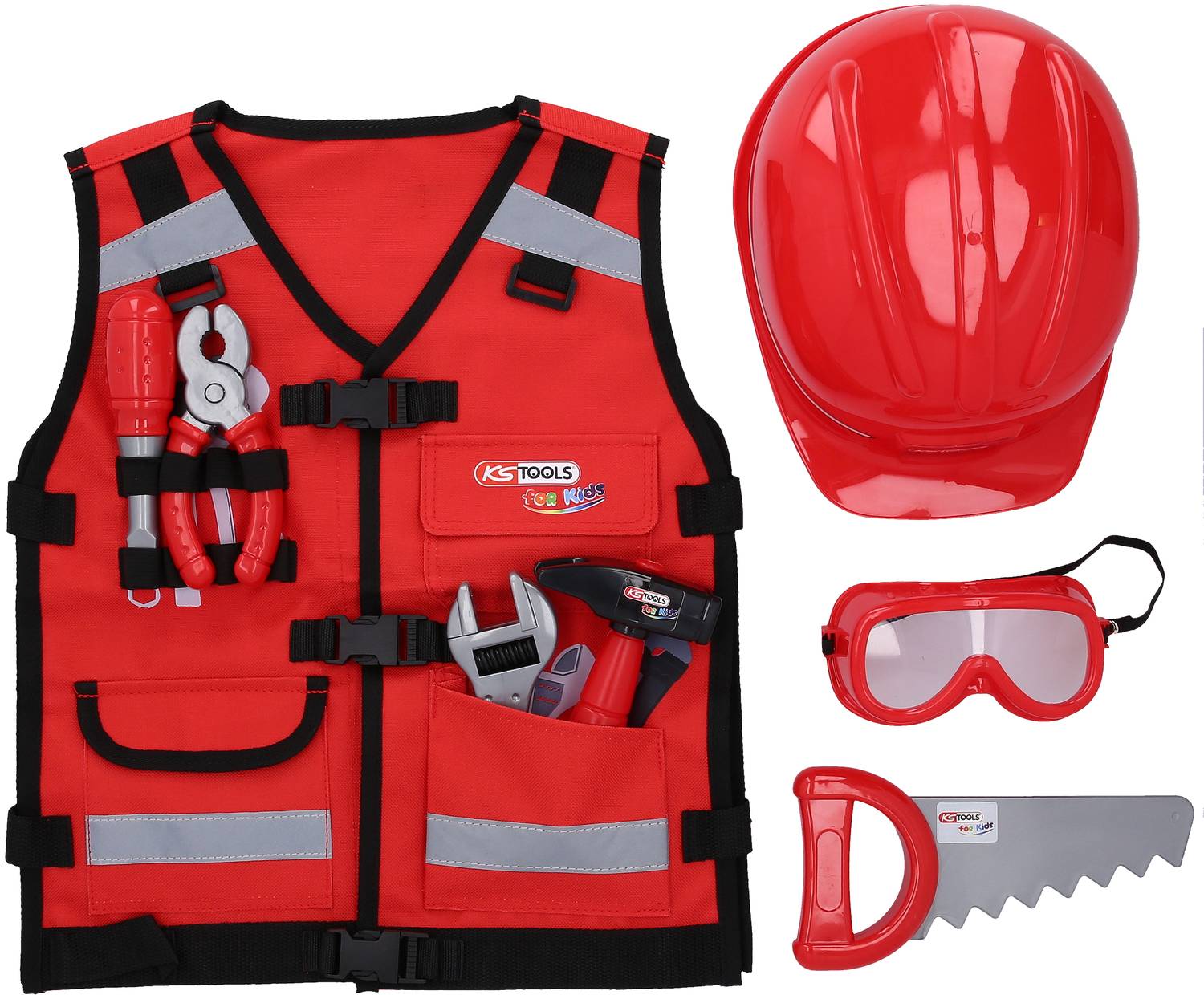 Gilet d'outils pour enfants rouge avec casque de jouet, lunettes de protection et répliques d'outils, comprenant notamment une pince, un tournevis et une scie.