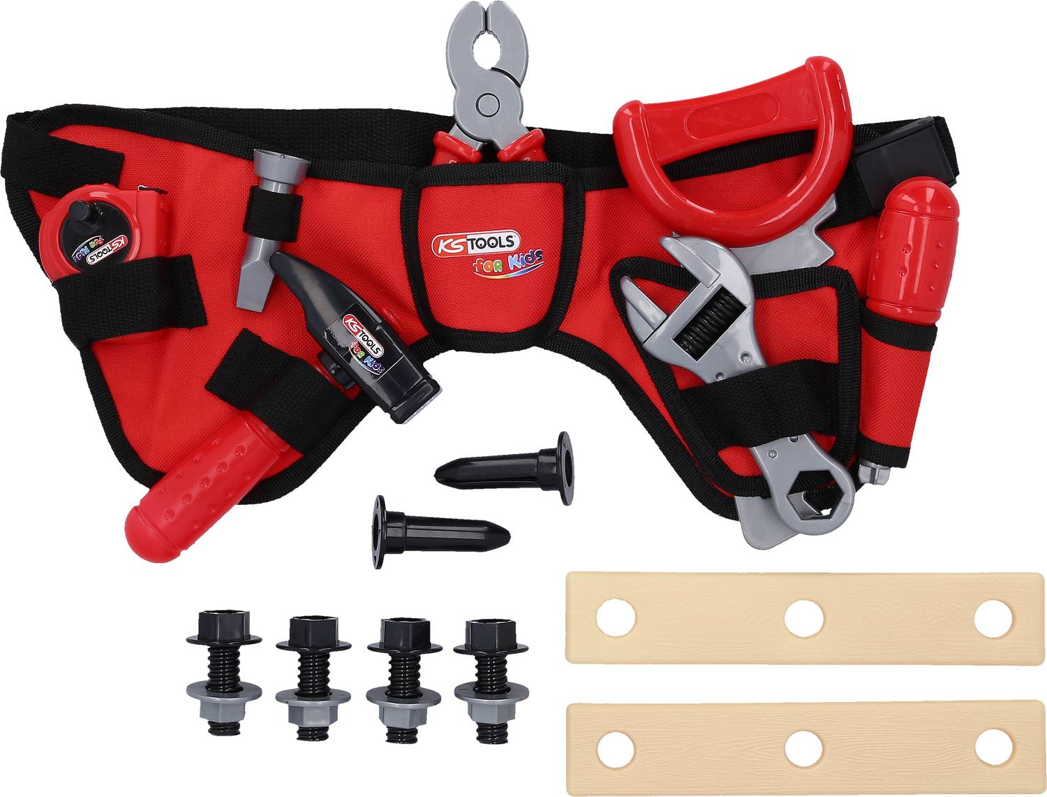 Une ceinture à outils rouge avec des outils de travail jouets sécurisés pour enfants : scie, pince, clé à molette, mètre ruban et tournevis.