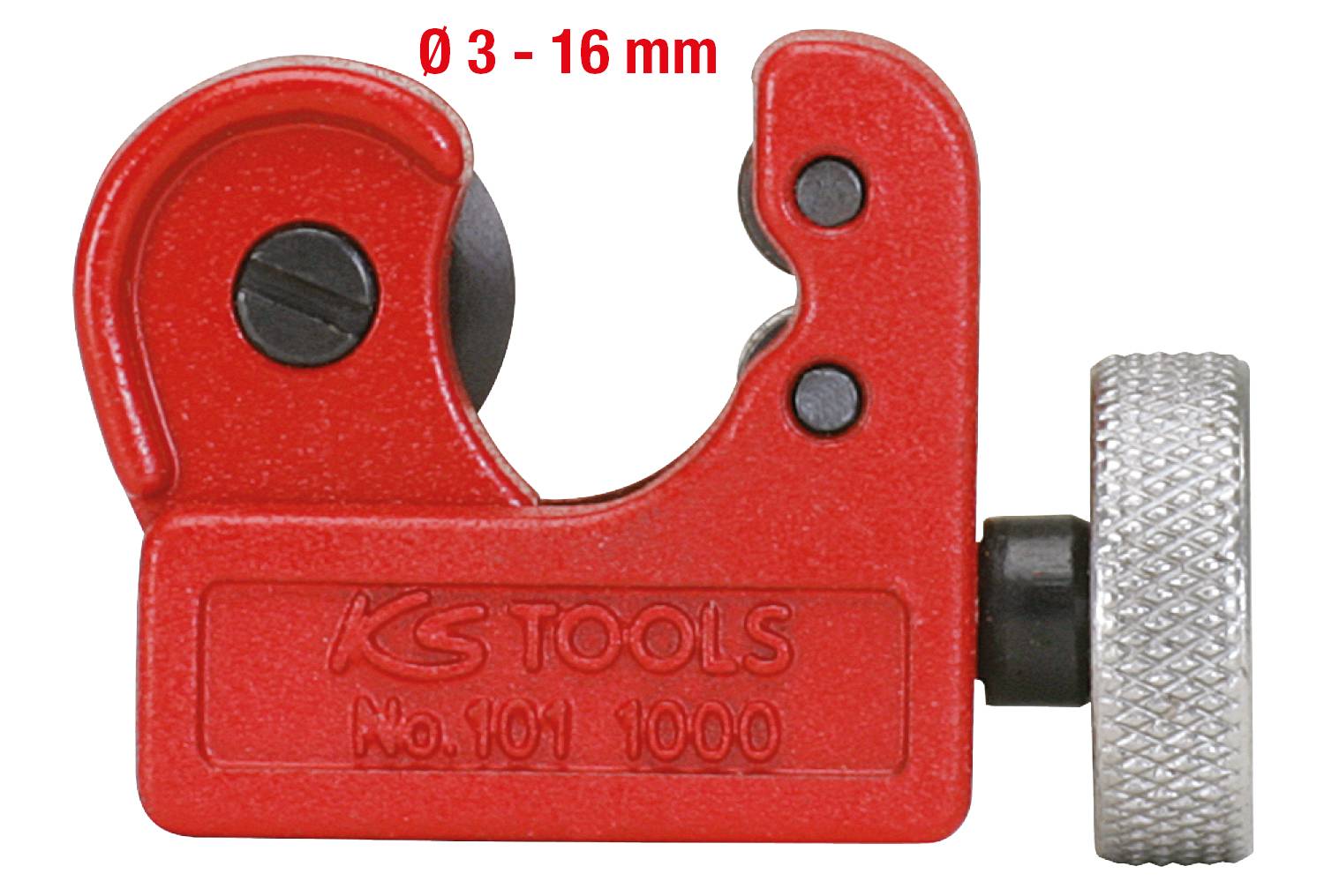 Petit coupe-tube Rohrschneider en métal rouge avec bouton de réglage argenté, adapté pour des diamètres de tuyau de 3 à 16 mm, portant l'inscription 'KS TOOLS'.