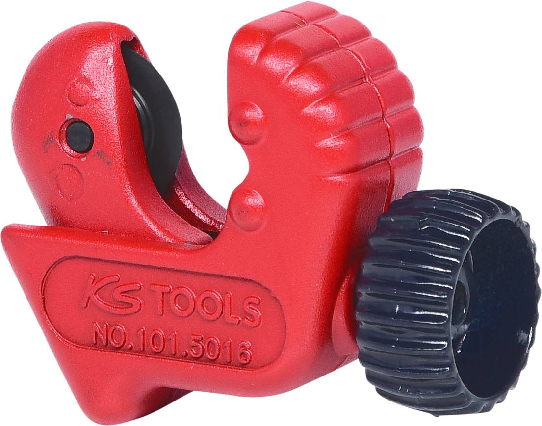 Un outil de coupe de tuyaux rouge avec un bouton de réglage noir, sur lequel est inscrit 'KS Tools NO.101.5016'.