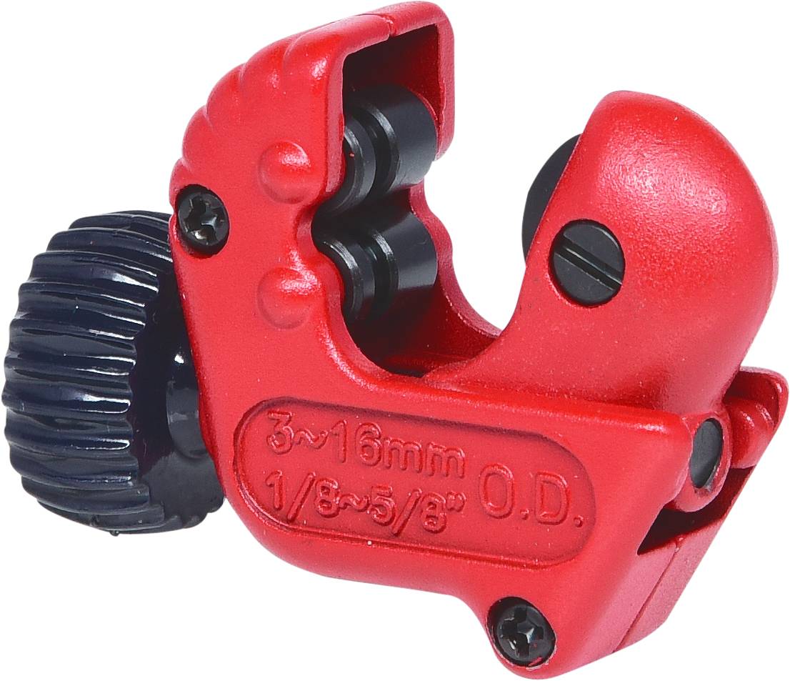 Outil de coupe-tube rouge avec poignée de rotation noire, adapté pour des diamètres de tuyaux de 3 à 16 mm.