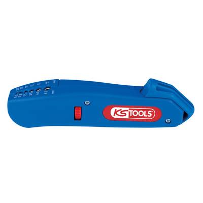 Un coupe-tube bleu avec un interrupteur rouge et le logo 'KS TOOLS' sur le côté, adapté pour couper des tubes de différentes tailles.