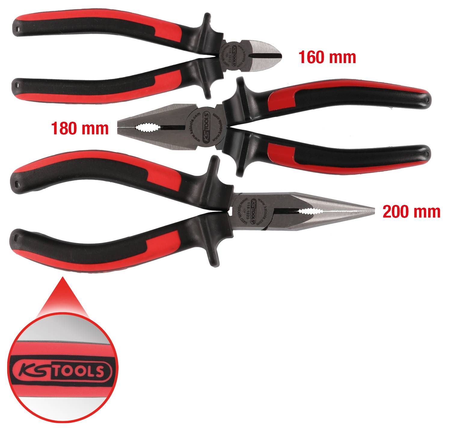 Trois pinces de différentes tailles (160 mm, 180 mm, 200 mm) de KS TOOLS, côte à côte avec des poignées rouge et noire.