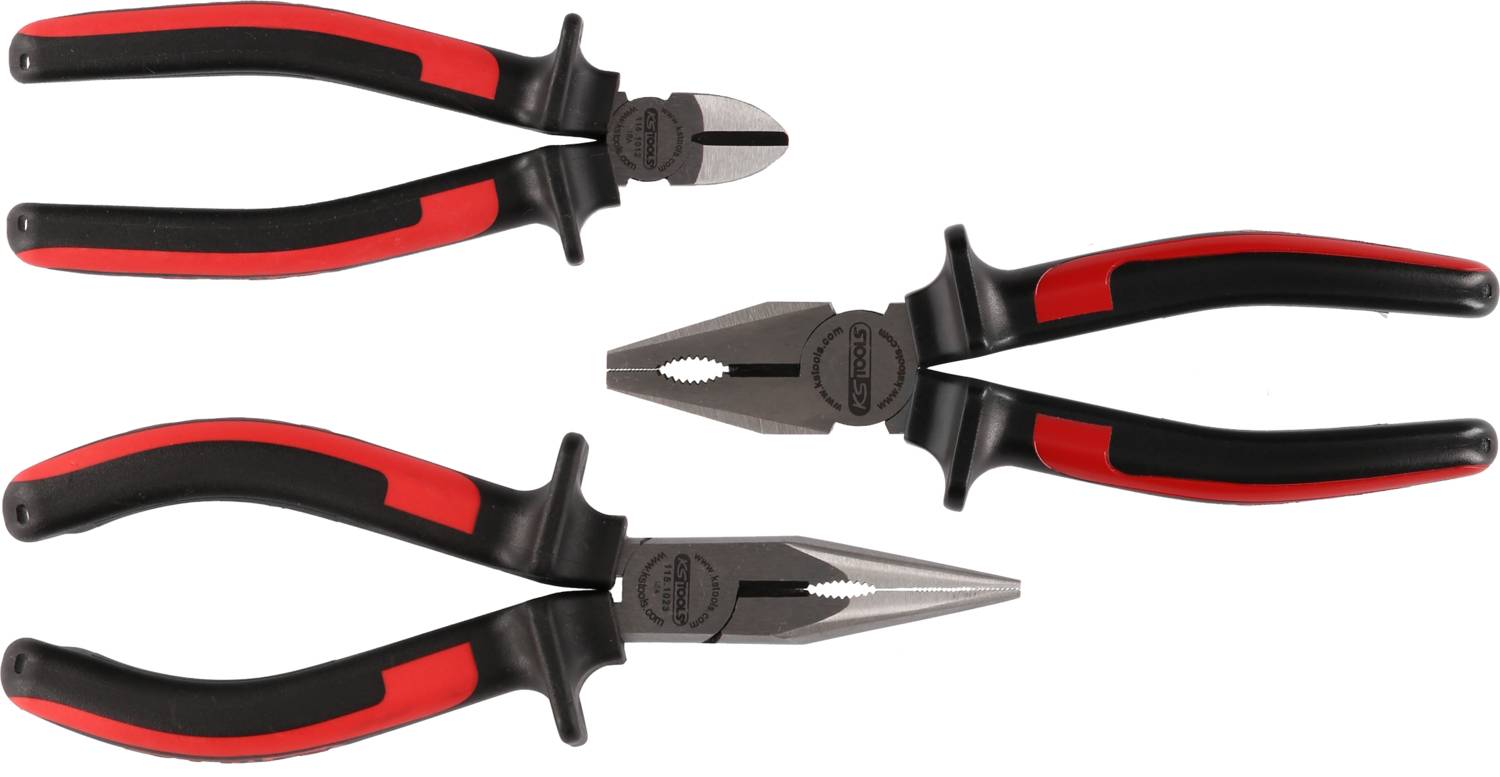 Trois types différents de pinces avec des poignées noires et rouges. En haut, une pince coupante latérale, au milieu une pince multifonction et en bas une pince à bec.