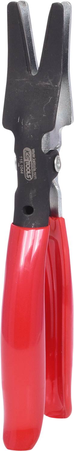 Pince rouge avec mâchoires en métal noir, adaptée au remplacement des étriers de sécurité avant sur les guitares.