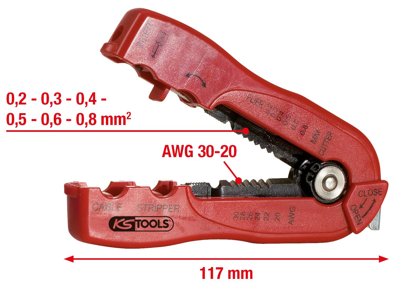 Outil de dénudage rouge pour câbles, adapté pour 0,2-0,8 mm², indication 'AWG 30-20', longueur 117 mm, avec logos et nom de marque.