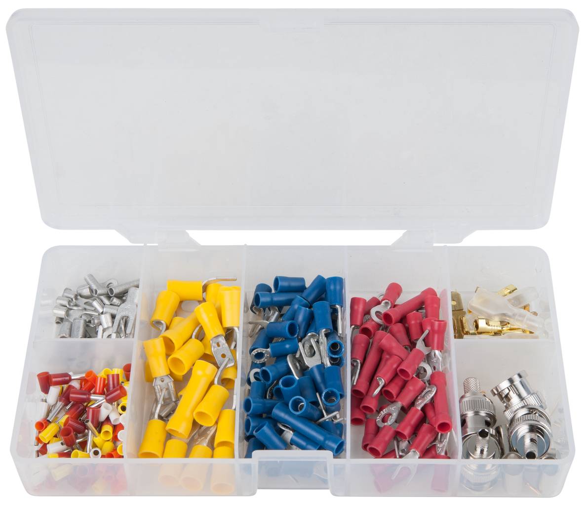 Une boîte en plastique à six compartiments contenant des connecteurs de câbles de différentes couleurs : rouges, bleus, jaunes et argentés.