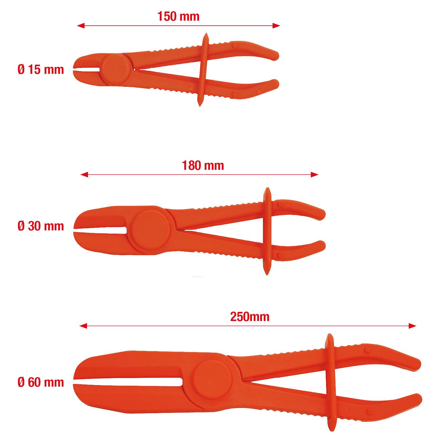 Trois colliers de serrage orange de différentes tailles : 150 mm, 180 mm, 250 mm. Diamètre : 15 mm, 30 mm, 60 mm.