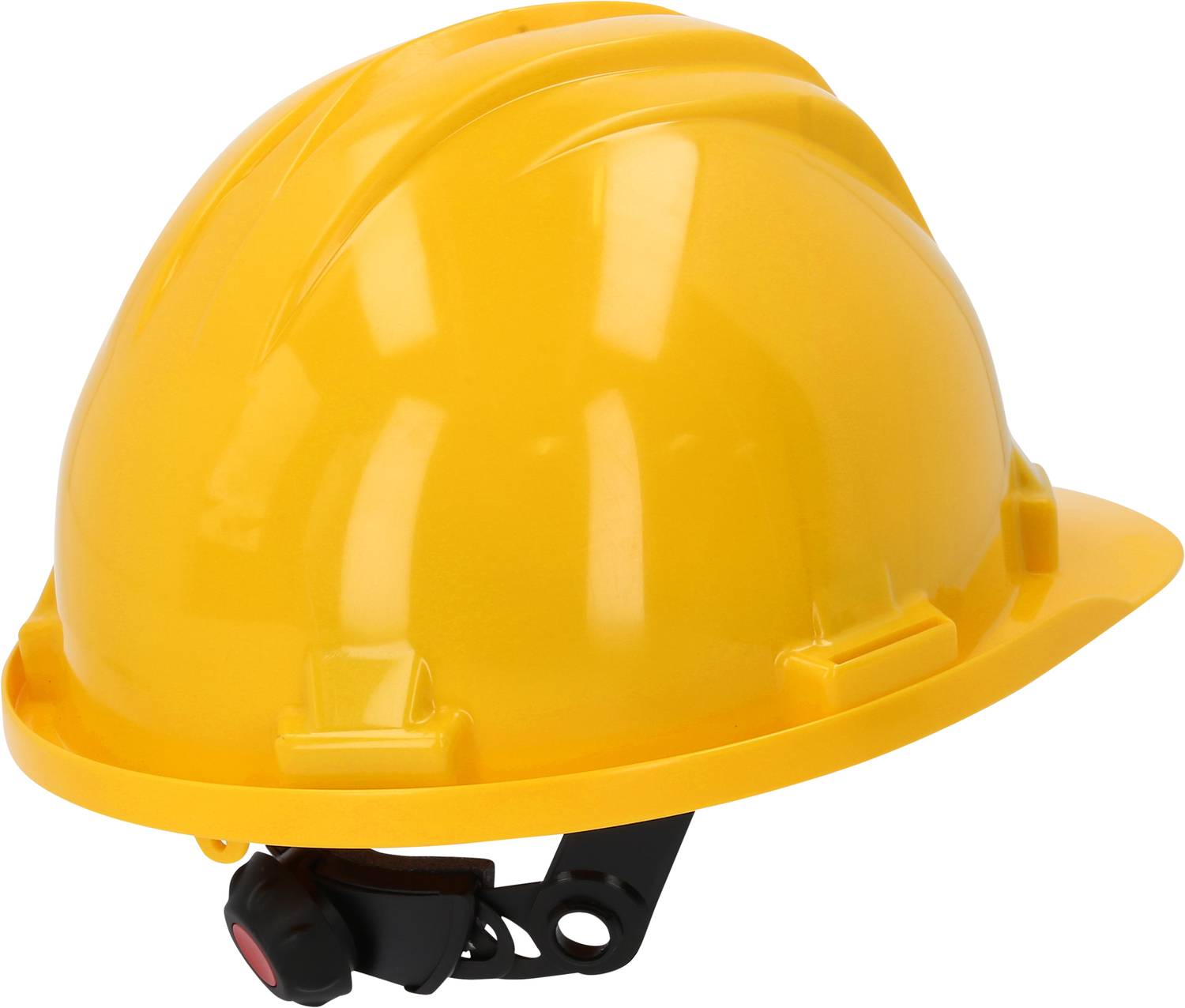 Casque de chantier jaune avec jugulaire réglable, offrant une protection lors de travaux de construction.