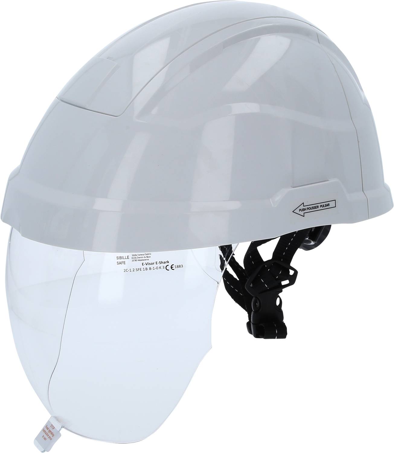 Un casque de protection blanc avec un écran facial intégré. Le casque est doté de sangles ajustables pour un maintien sûr.