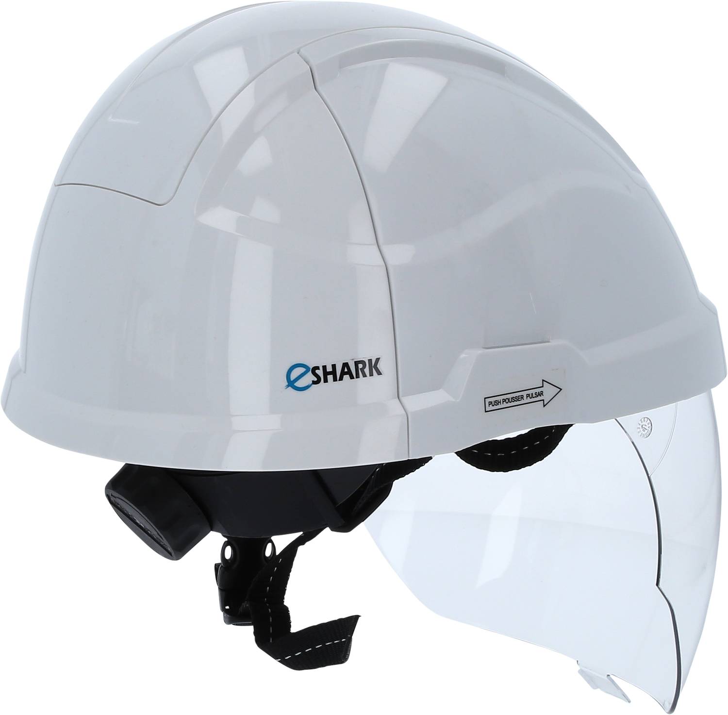Un casque de sécurité blanc avec écran facial rabattable, adapté à la protection au travail.