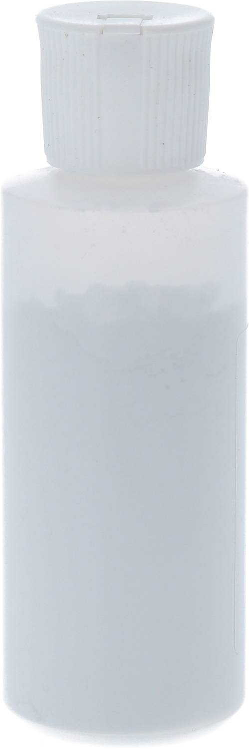 Bouteille en plastique avec couvercle, remplie à moitié d'un liquide blanc.