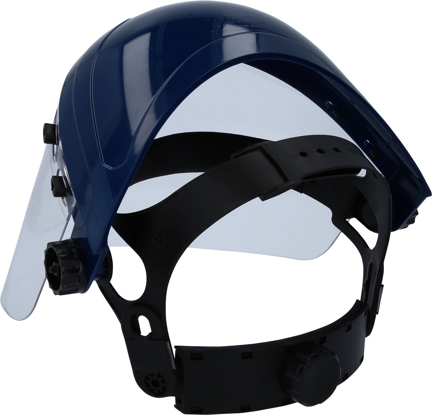 Casque de protection bleu avec visière transparente et sangle réglable, adapté à la protection des yeux et du visage lors de travaux manuels.