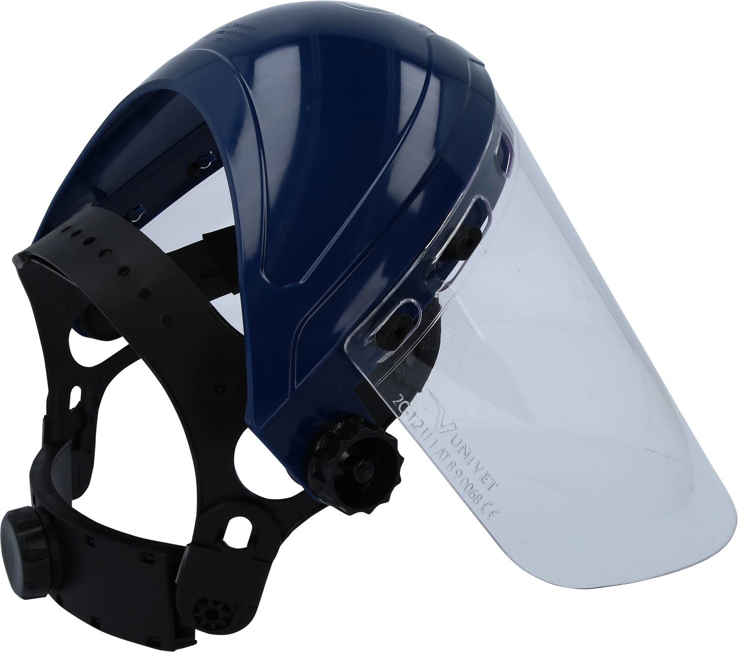 Un casque de sécurité bleu avec visière transparente et bandeau de tête réglable en plastique, adapté aux applications de sécurité industrielle.