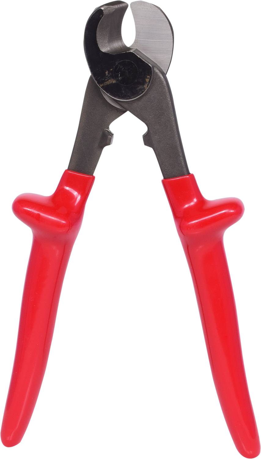 Un coupe-câble à poignées rouges, adapté pour couper des câbles électriques.