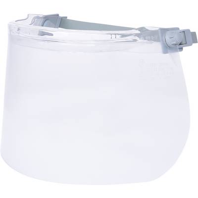 Un écran facial transparent en plastique avec une sangle grise ajustable en haut. Ces dispositifs de protection sont souvent utilisés dans les environnements médicaux et industriels.