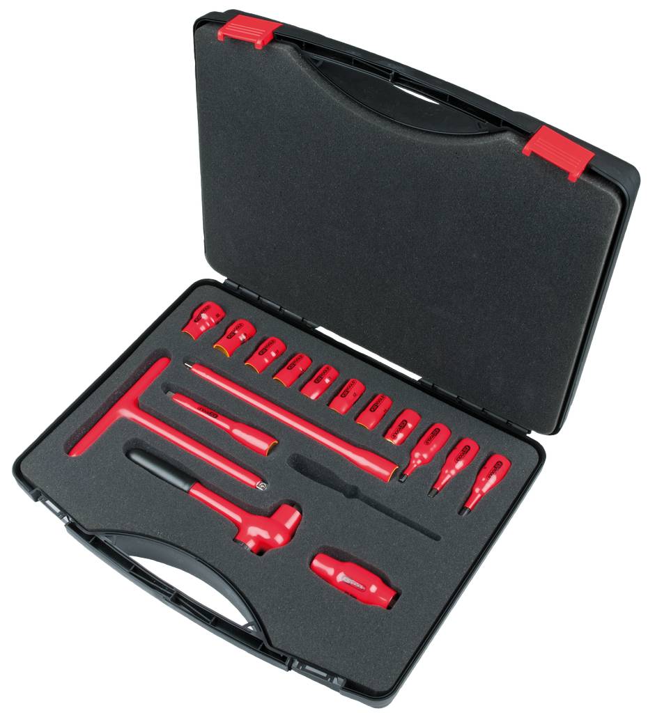 'Valise noire avec un ensemble d'outils rouge : Marteau, clé à poignée en T et différents embouts. Outils pour réparations et assemblages.'