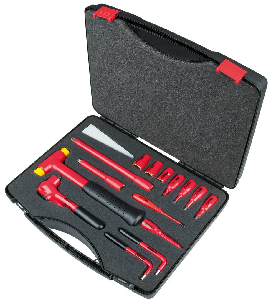 Une valise noire, le couvercle ouvert, révèle une collection d'outils manuels rouges, comprenant un marteau, un tournevis et des clés Allen.