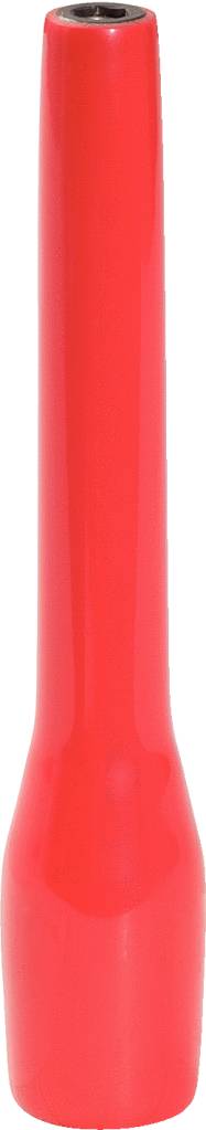 Poignée cylindrique rouge en plastique avec une extrémité plus étroite et conique, se tenant droite.