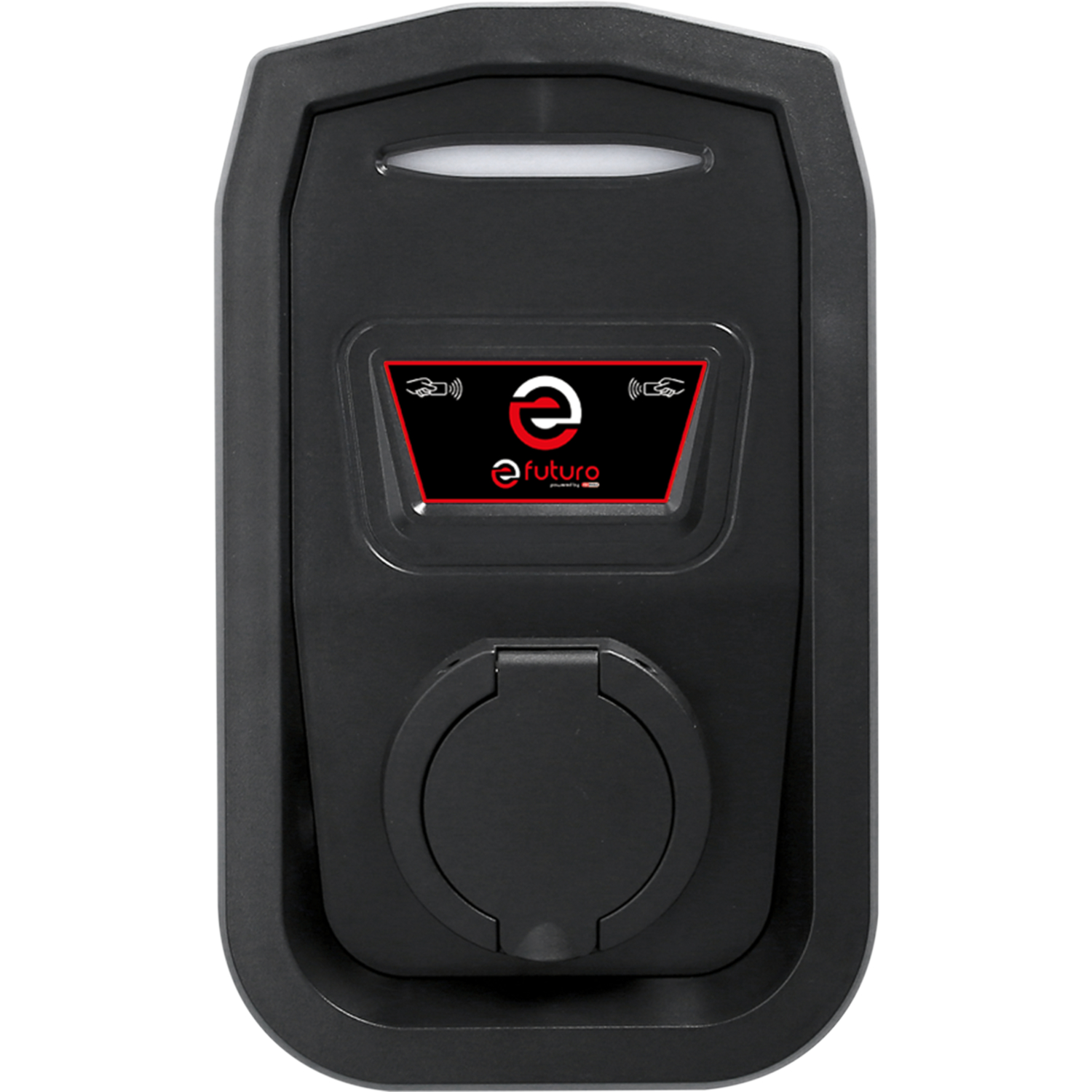 Un chargeur de voiture électrique noir avec un écran et le logo 'e futuro' au centre.