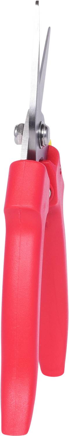 Sécateur rouge avec des lames argentées, fermé.