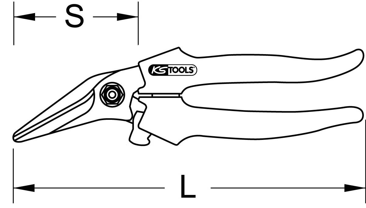La figure montre une cisaille à tôle de KS Tools avec les dimensions S et L indiquées.