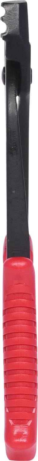 Un outil noir avec une poignée rouge, probablement un outil manuel spécialisé comme un outil pour pneus, servant à couper ou à travailler des pneus.