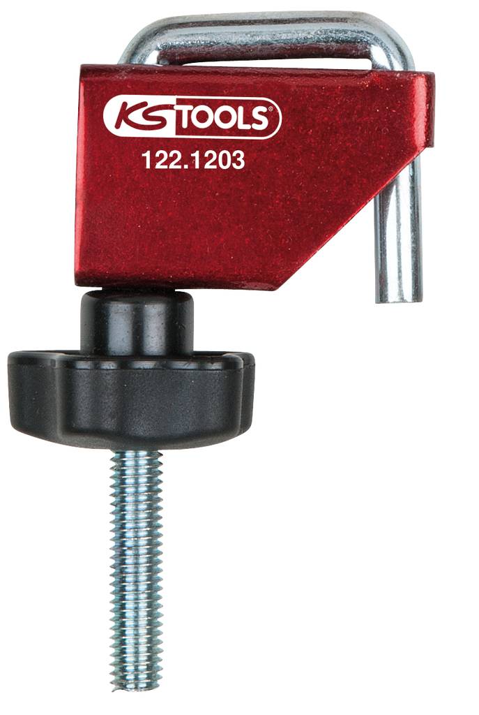 Pince de serrage rouge de KS Tools, numéro de modèle 122.1203, avec crochet métallique en haut, poignée en plastique noir et tige filetée en bas.
