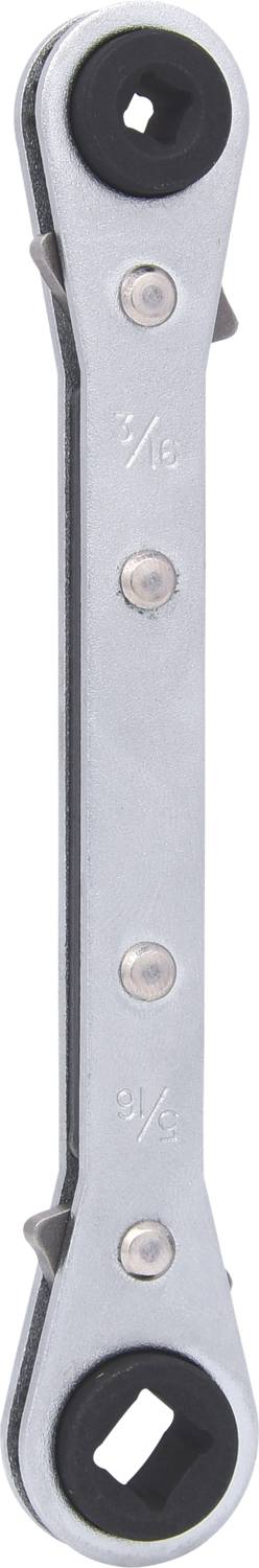 Une clé à fourche en argent avec des embouts ronds noirs, chacun pourvu d'une ouverture pour desserrer et serrer des vis.