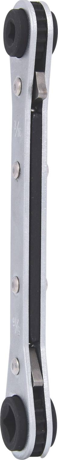 Une clé à cliquet bilatérale en argent avec une poignée noire.