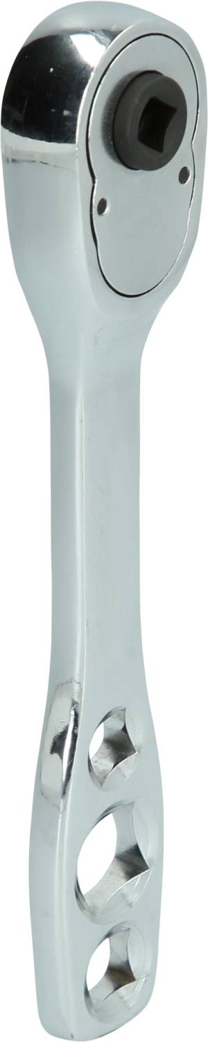 Une clé à cliquet chromée, souvent simplement appelée ratche. Utilisée en mécanique pour faire tourner des boulons et des écrous.