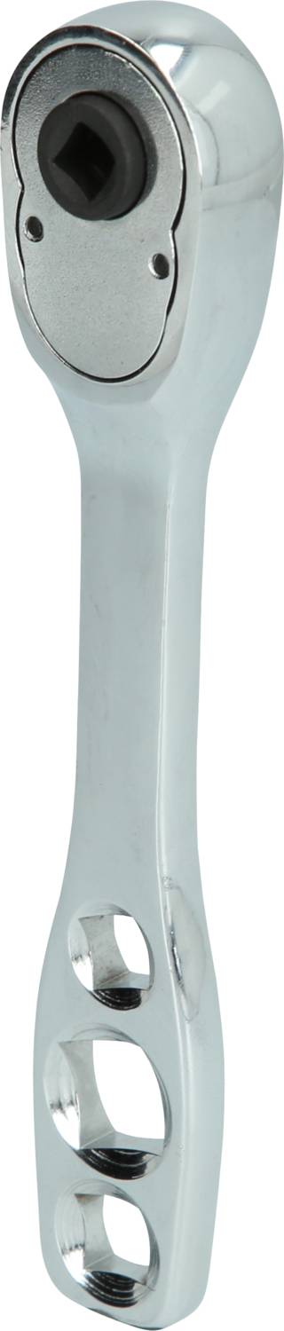 Une clé à cliquet en argent avec poignée perforée et tête interchangeable, vue sous un angle oblique. Principalement utilisée pour des travaux mécaniques.