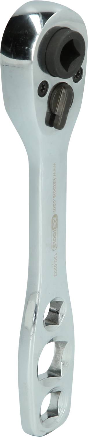 Clé à cliquet métallique avec une roue de démultiplication circulaire et des emplacements carrés, adaptée à différentes tailles de vis.