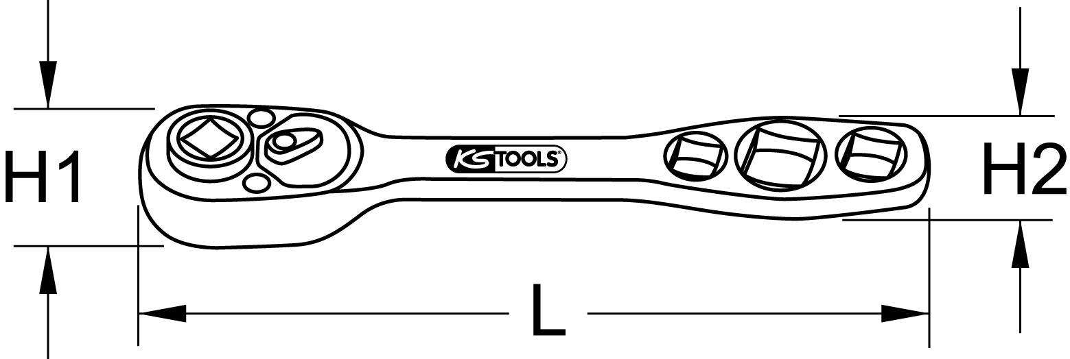 Dessin en noir et blanc d'une clé à cliquet avec indications dimensionnelles pour H1, H2 et L. Logo et marquage de 'KS Tools' visibles.