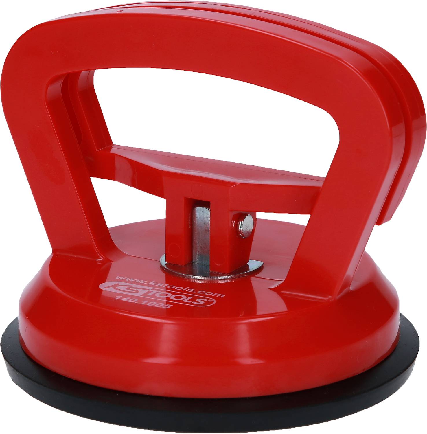Levier à ventouse rouge en plastique, avec poignée ergonomique pour la fixation et le déplacement sécurisé de surfaces lisses.