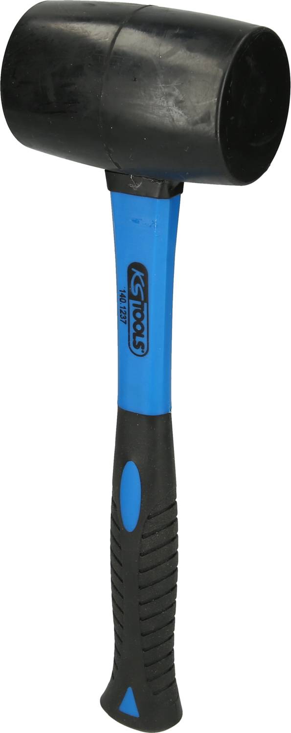 Un marteau à tête en caoutchouc avec une poignée bleue et une extrémité de manche noire et texturée, adapté aux travaux nécessitant de ne pas laisser de traces.