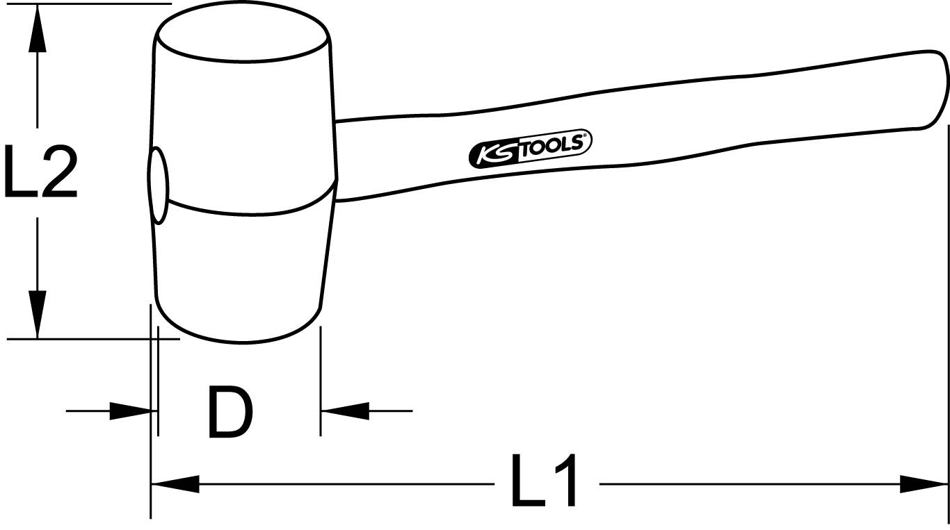 Dessin technique d'un marteau en caoutchouc avec les dimensions suivantes : longueur du manche (L1), largeur de la tête (L2) et diamètre de la tête (D).