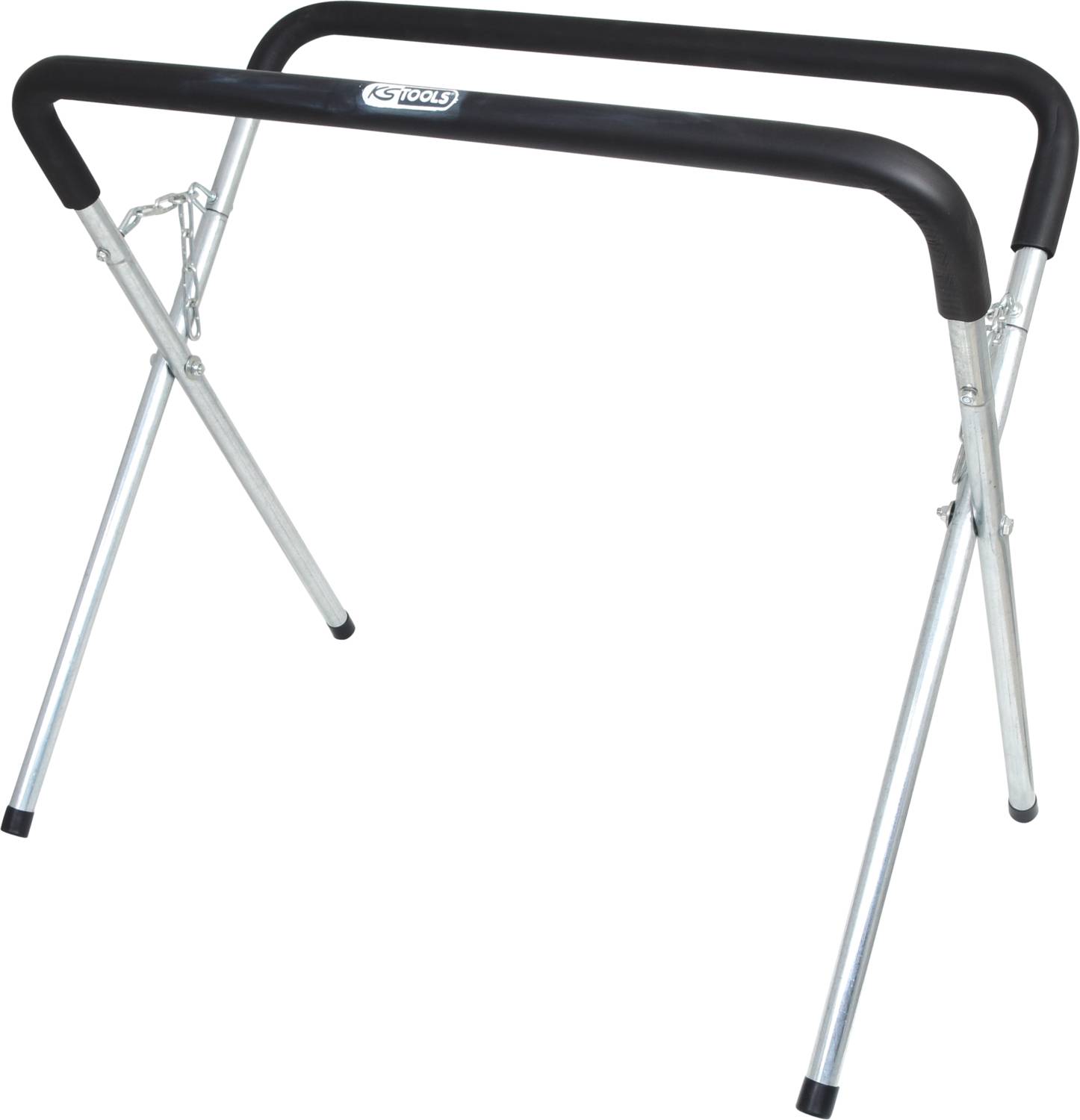 Un support portable et pliable en acier, doté de embouts en caoutchouc noir aux extrémités, adapté pour maintenir des matériaux en bois ou en métal.