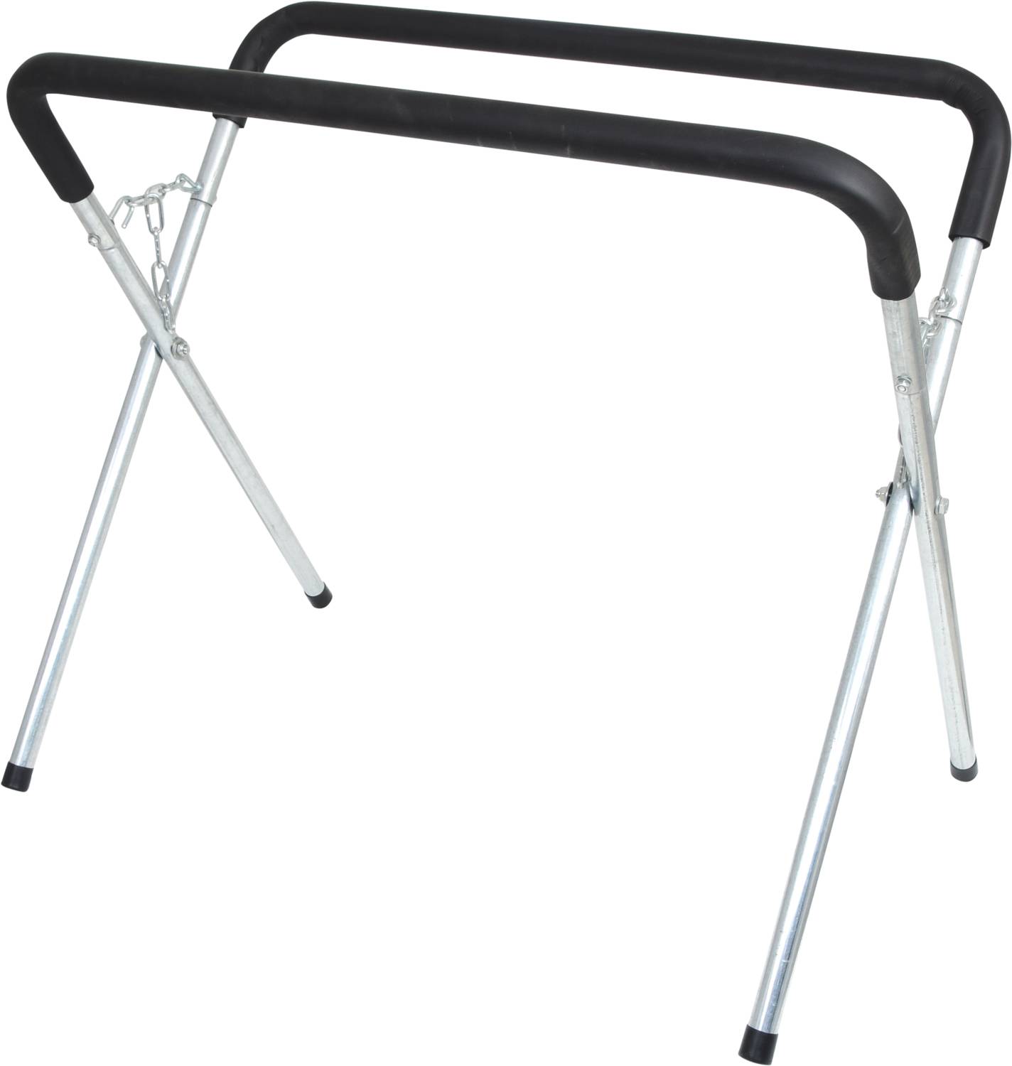 Un support pliable portable avec des poignées noires rembourrées et des pieds en métal argenté, se tient droit sur le sol.