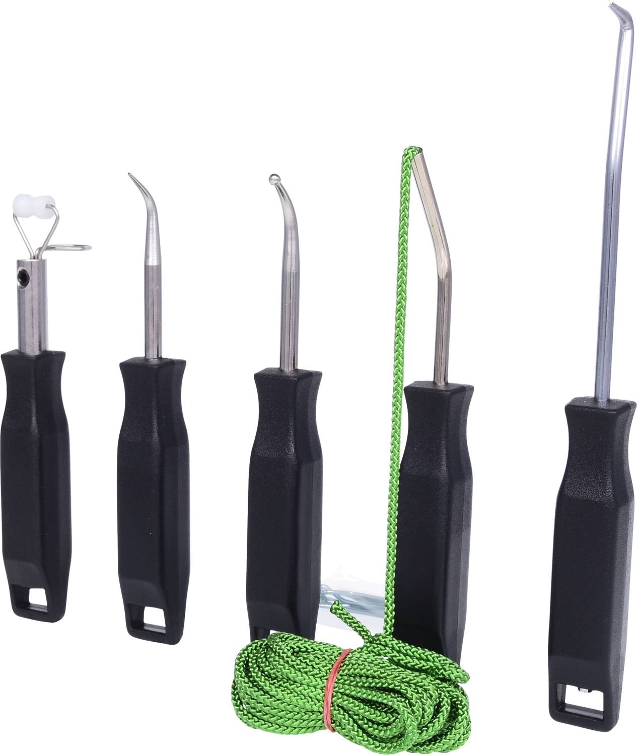 Cinq crochets à outils différents avec des poignées noires et un cordon vert. Outils pour réparations ou travaux manuels.