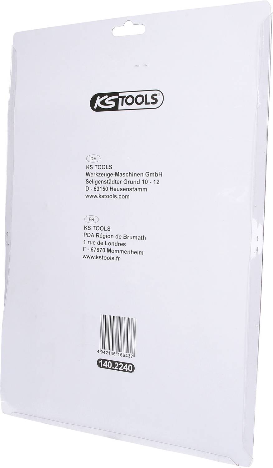 Un emballage blanc de KS Tools avec le logo et les coordonnées telles que l'adresse et le site web.