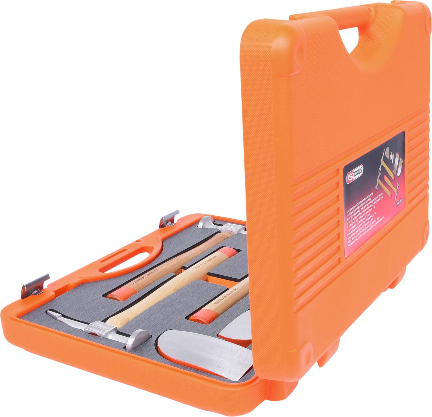 Boîte à outils orange ouverte ; contient des marteaux, un tournevis et une pince. Idéal pour les projets de bricolage.