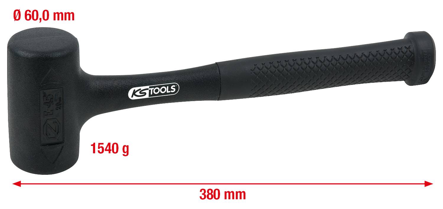 Un marteau en caoutchouc noir avec une tête de 60 mm, un poids de 1540 g, long de 380 mm. Marqué 'KS Tools' sur le côté.