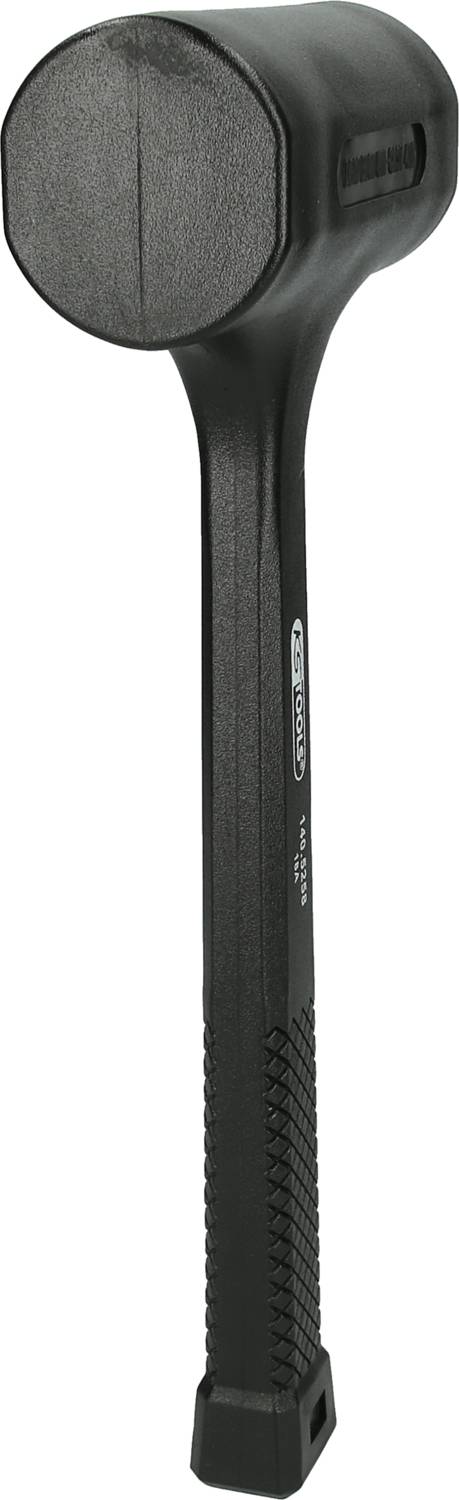 Marteau en caoutchouc à long manche et tête noire, adapté aux surfaces sensibles aux chocs et aux travaux nécessitant une grande précision.