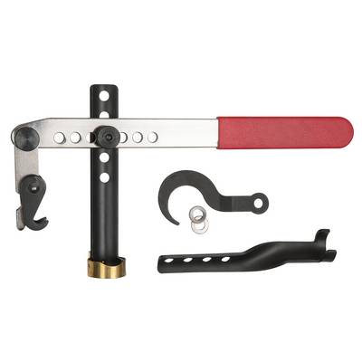Kit de montage pour installation de frein : levier avec poignée rouge, tige de support avec trous, crochet et deux rondelles.