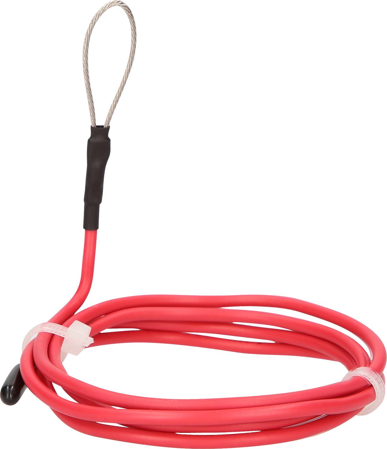 Un câble rouge avec une boucle métallique à une extrémité, enroulé et maintenu par un serre-câble.