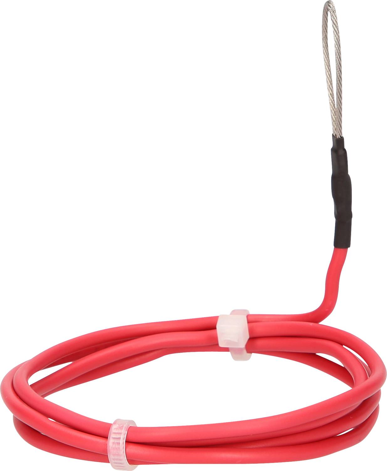 Câble rouge long et épais, avec une boucle argentée à son extrémité, enroulé plusieurs fois sur lui-même et maintenu par des rubans blancs.
