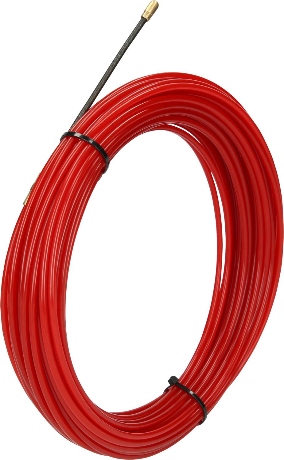 Appareil de débouchage rouge avec câble métallique, enroulé et sécurisé par un serre-câble noir.