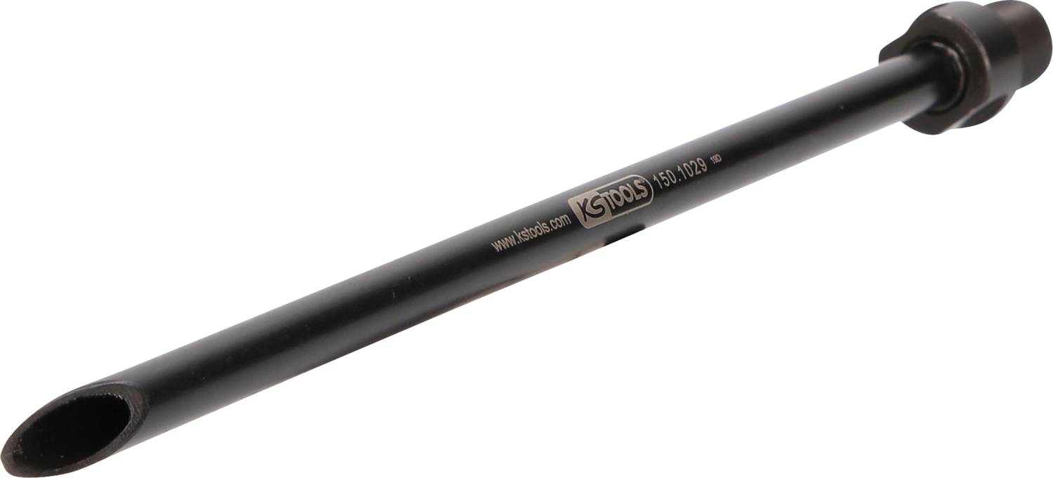 Un axe de roue de vélo noir, cylindrique, portant le nom de marque 'KCNOS' sur le côté. Utilisé pour fixer la roue au cadre du vélo.